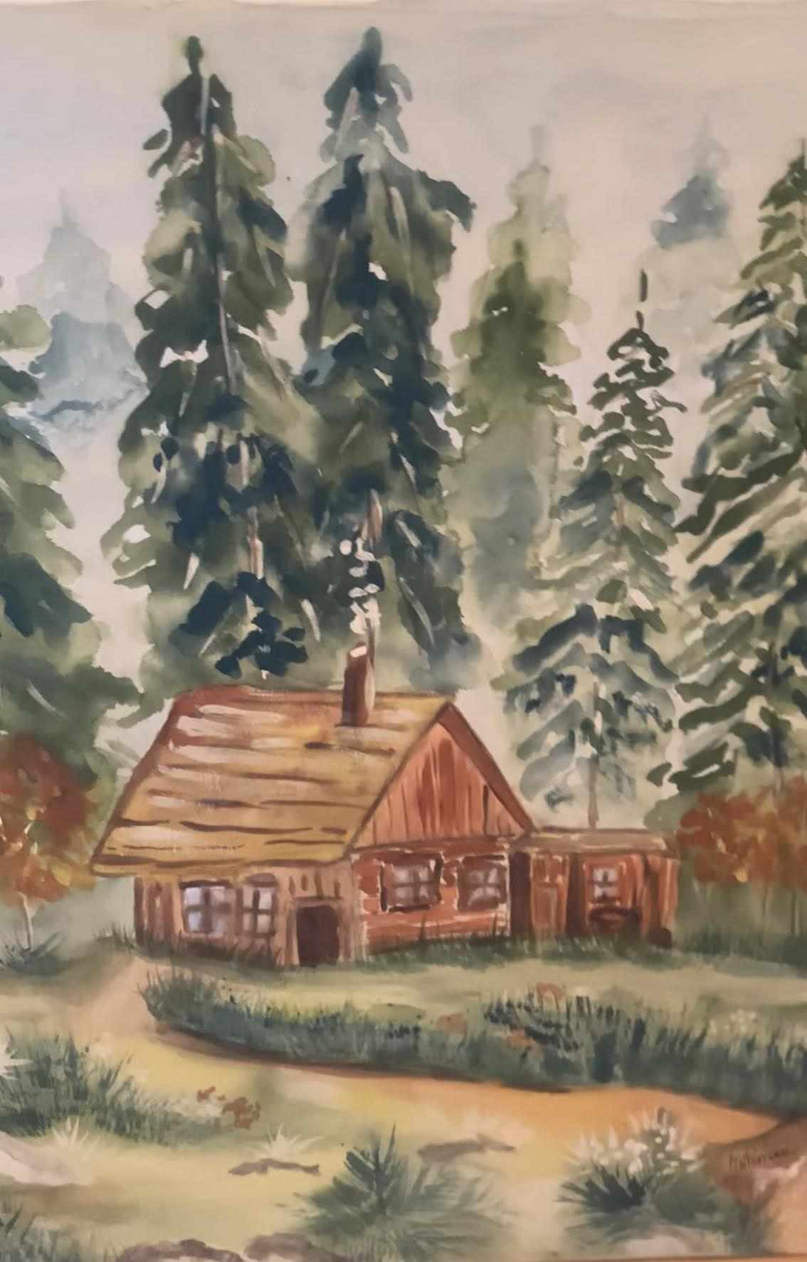 Professional watercolor on canvas painting of a forest scene with a rustic cabin, 40x50 cm, 2024 collection
