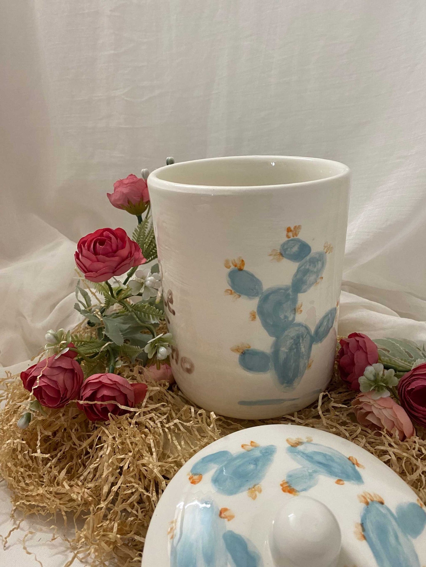 white ceramic salt jar with blue prickly pear design from Fico d'India collection, handmade Italian kitchen accessory