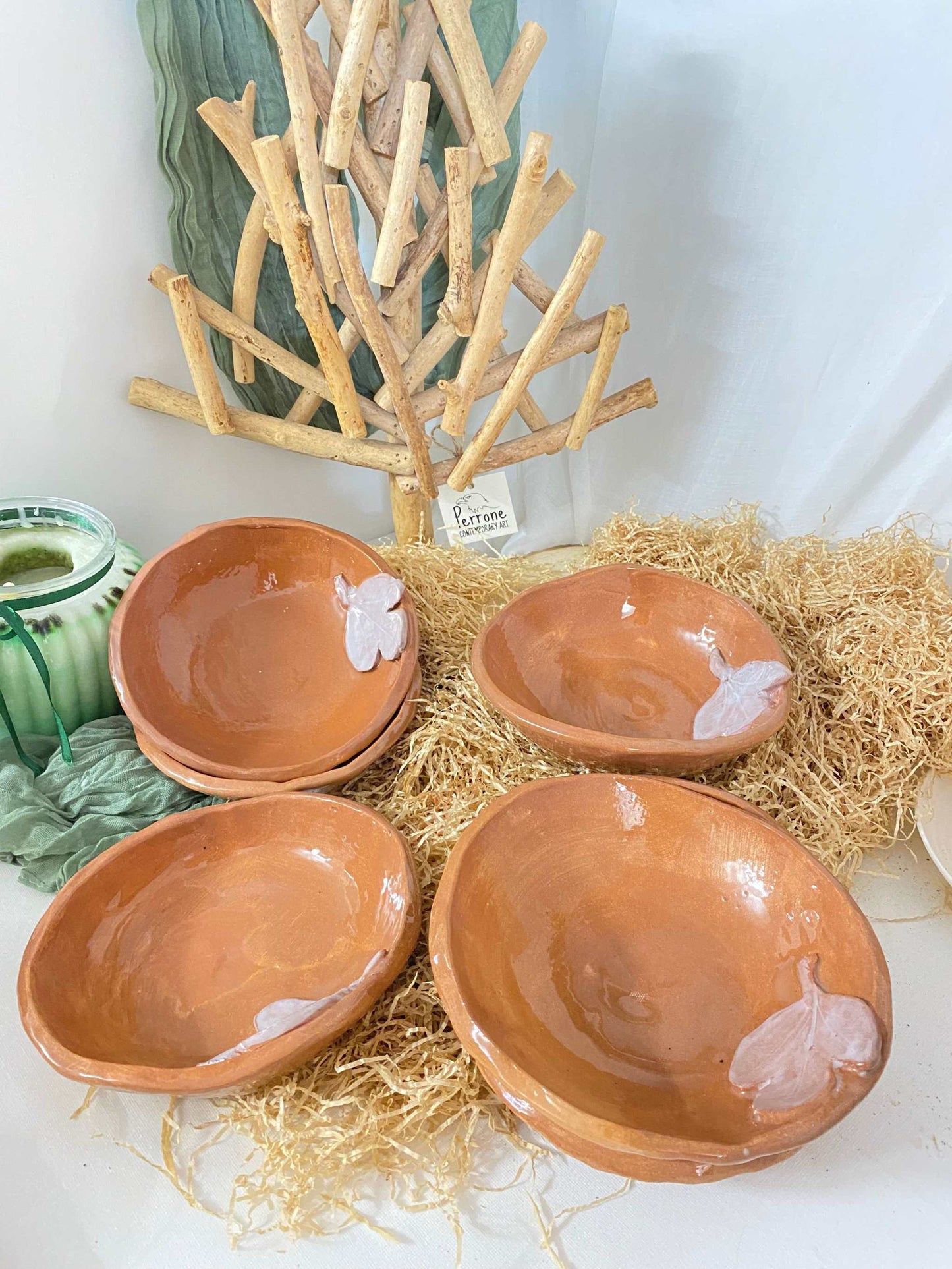 Set di 6 Ciotole in Ceramica Rossa – Collezione Mediterraneo con Foglia di Fico