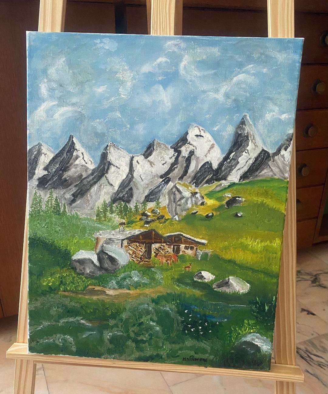 Oil on canvas painting of alpine cabin and mountains, 40x50 cm, 2024, modern minimalist style