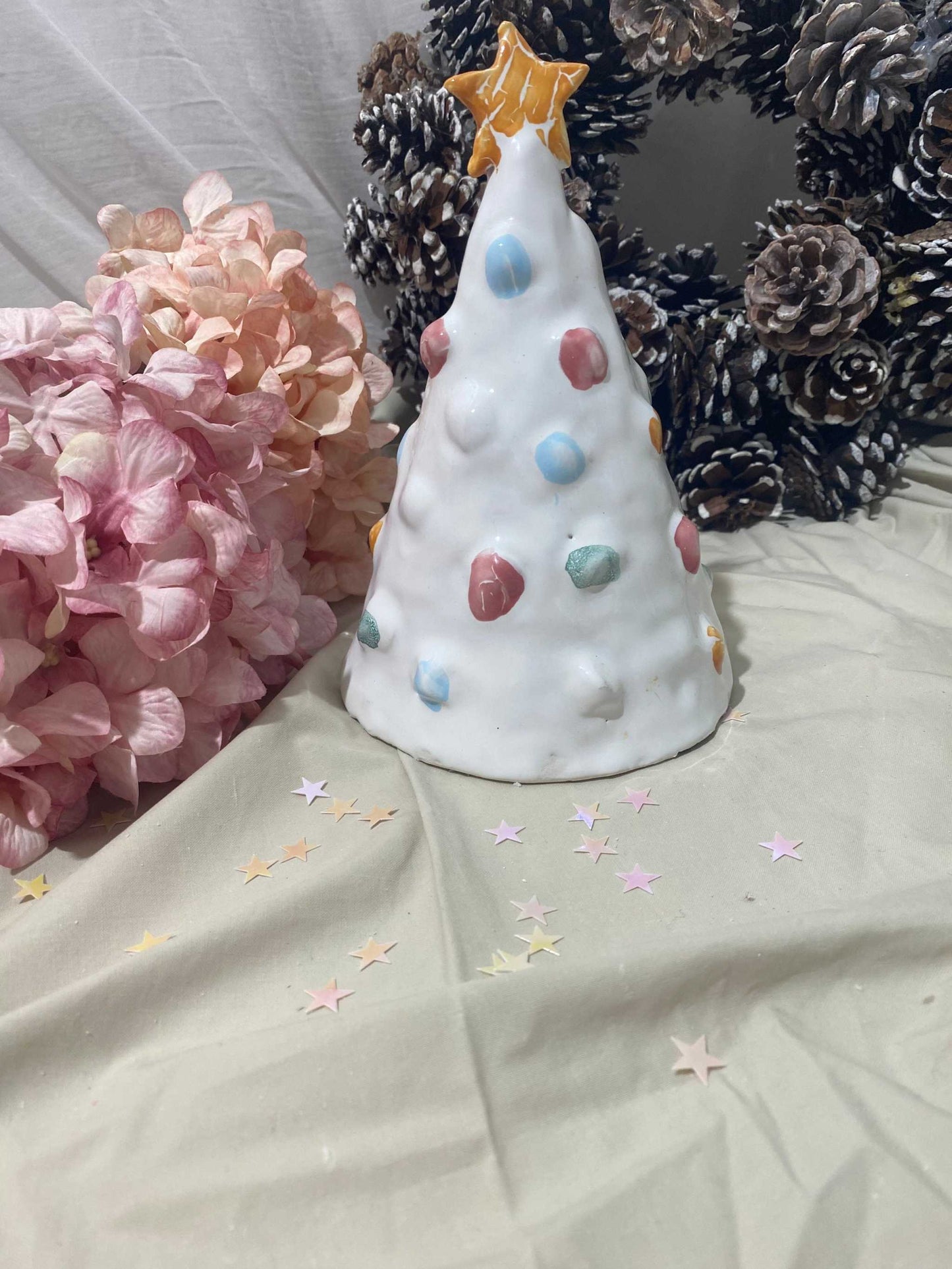 White ceramic Alberello Best Christmas tree decoration with colorful accents and star topper, festive holiday ornament 23 cm tall