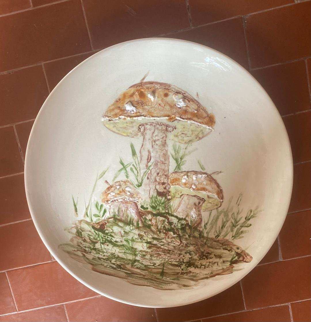 white ceramic wall plate with autumn mushroom design, 40 cm diameter, decorative ceramic wall art