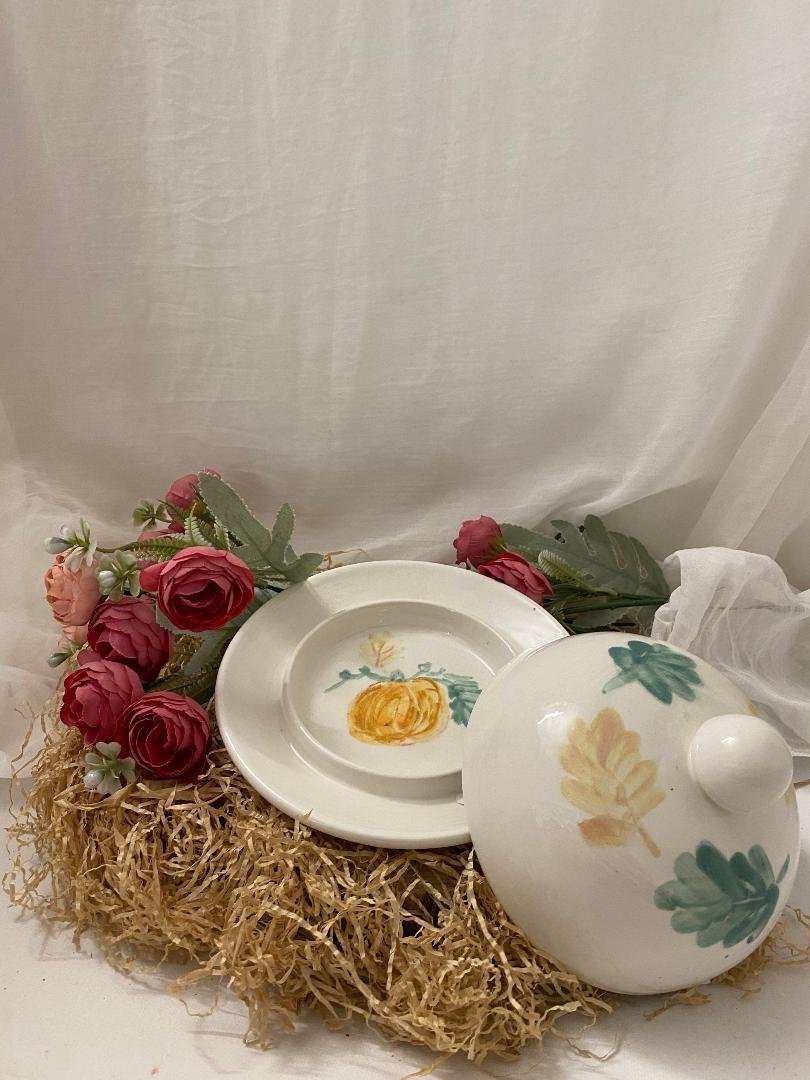 White Ceramic Butter Dish, Autumn Collection