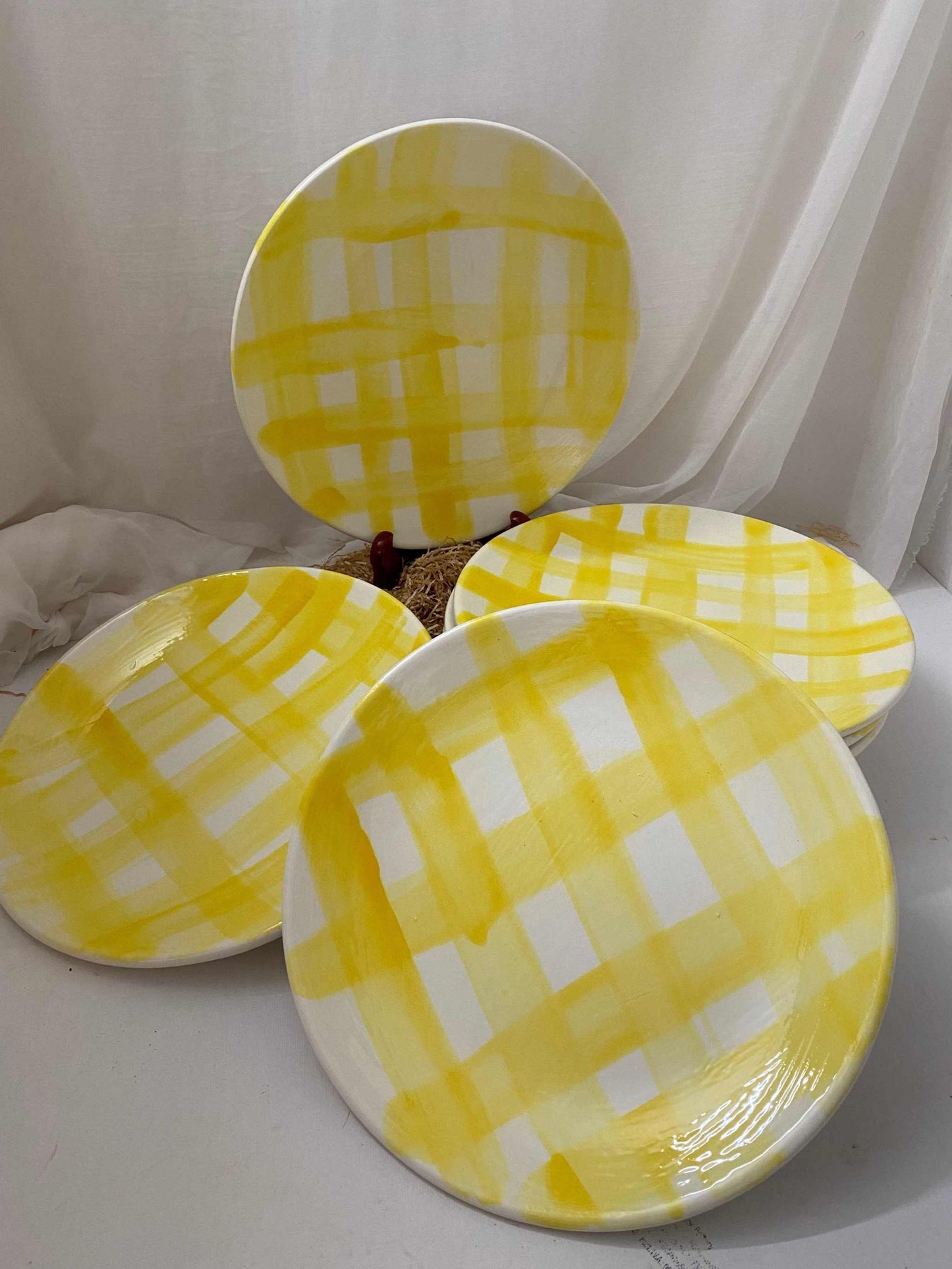 yellow and white checkered ceramic flat plates set of four