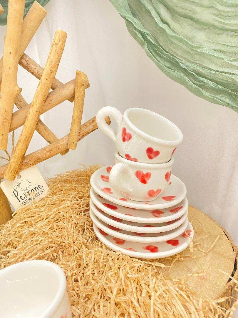 white ceramic coffee cup set for six with red heart decorations from San Valentino collection