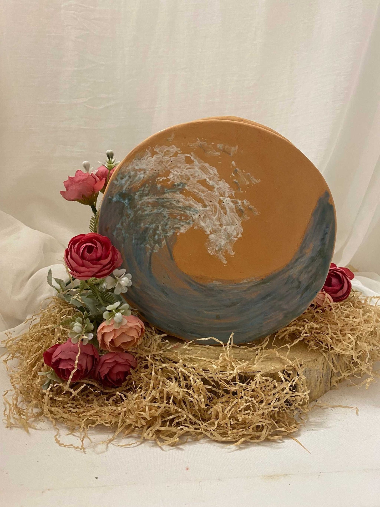 Red ceramic flower vase from Mediterraneo Collection with hand-painted Mediterranean wave design, decorative and artisanal home decor piece