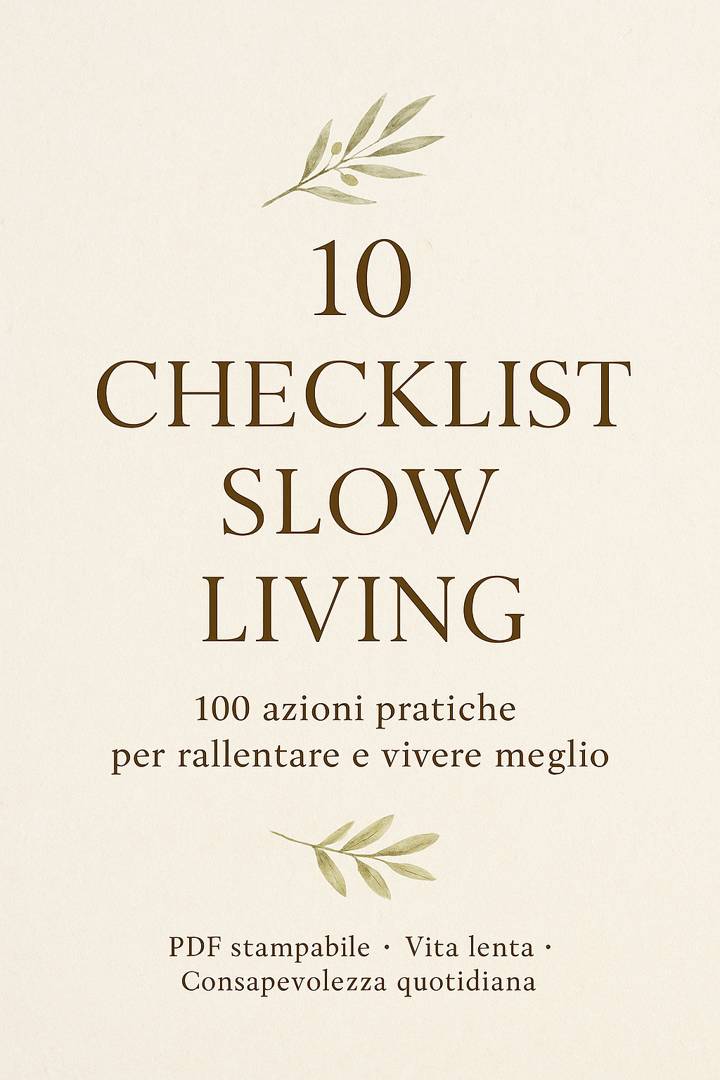 Cover of a printable PDF titled "10 Checklist Slow Living" with 100 practical actions to slow down and live better, promoting mindfulness and daily slow living.