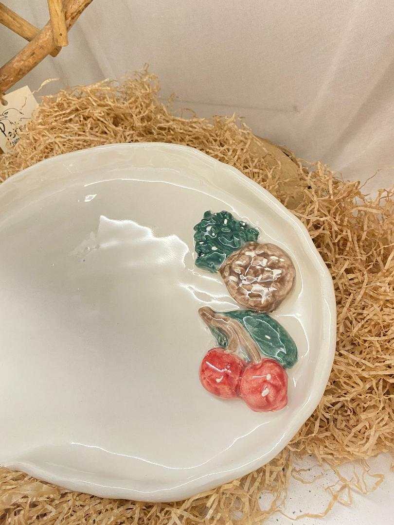 Handmade white ceramic tray with colorful fruit decorations including cherries, figs, and leaves from the Fruit Collection.