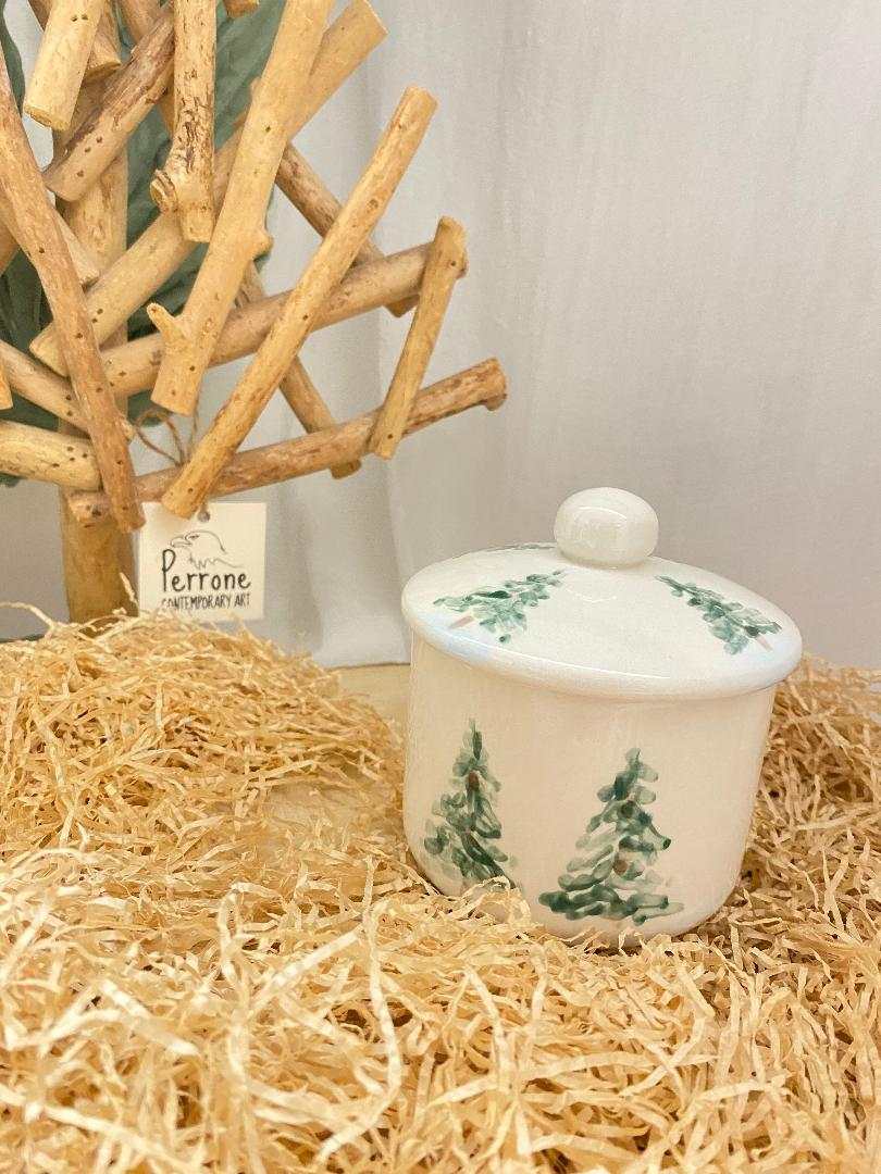 White ceramic sugar bowl with winter pine tree design, handmade and artisanal from the Collezione Inverno