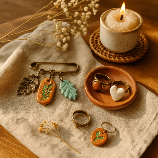 Antique metal brooch with ceramic leaf and plant charms from Luxury Bijoux collection displayed on fabric with rings and candle.