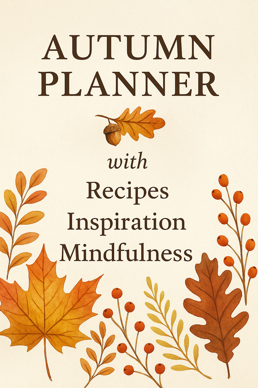 Autumn planner with recipes, inspiration, and mindfulness surrounded by fall leaves illustration