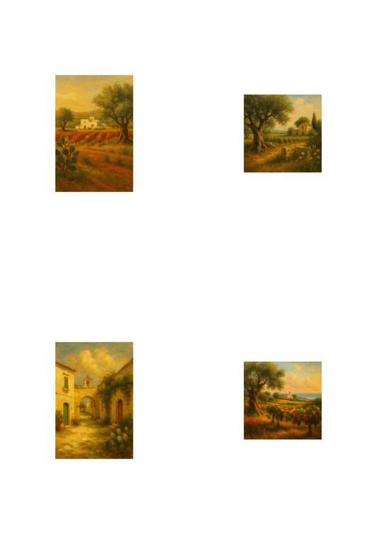 Set of 4 digital autumn prints depicting Salento landscapes with olive trees, white farmhouses, and slow living style.