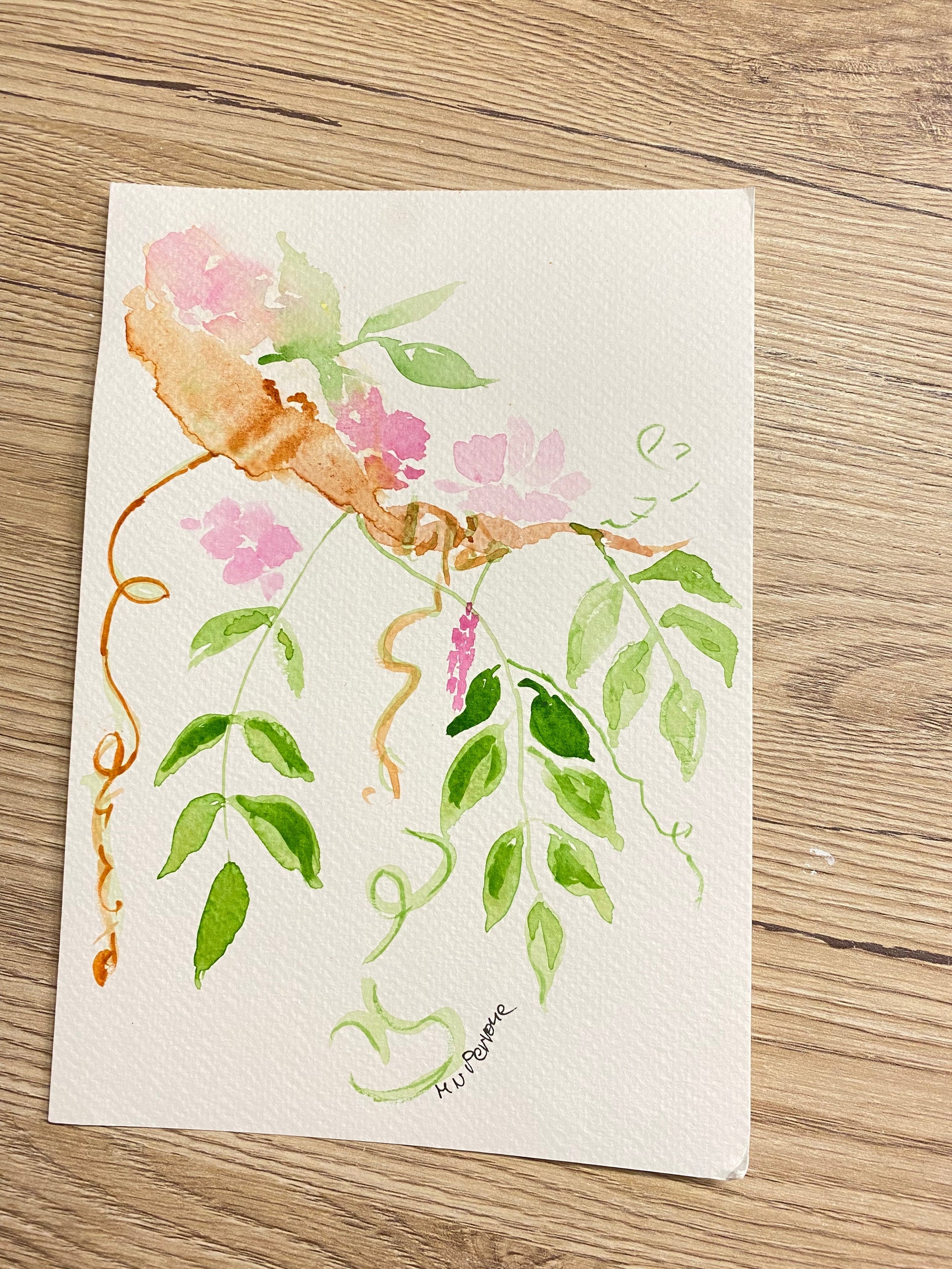 watercolor painting of green leaves and pink flowers on paper from Gruppo 5 Acquerelli collection