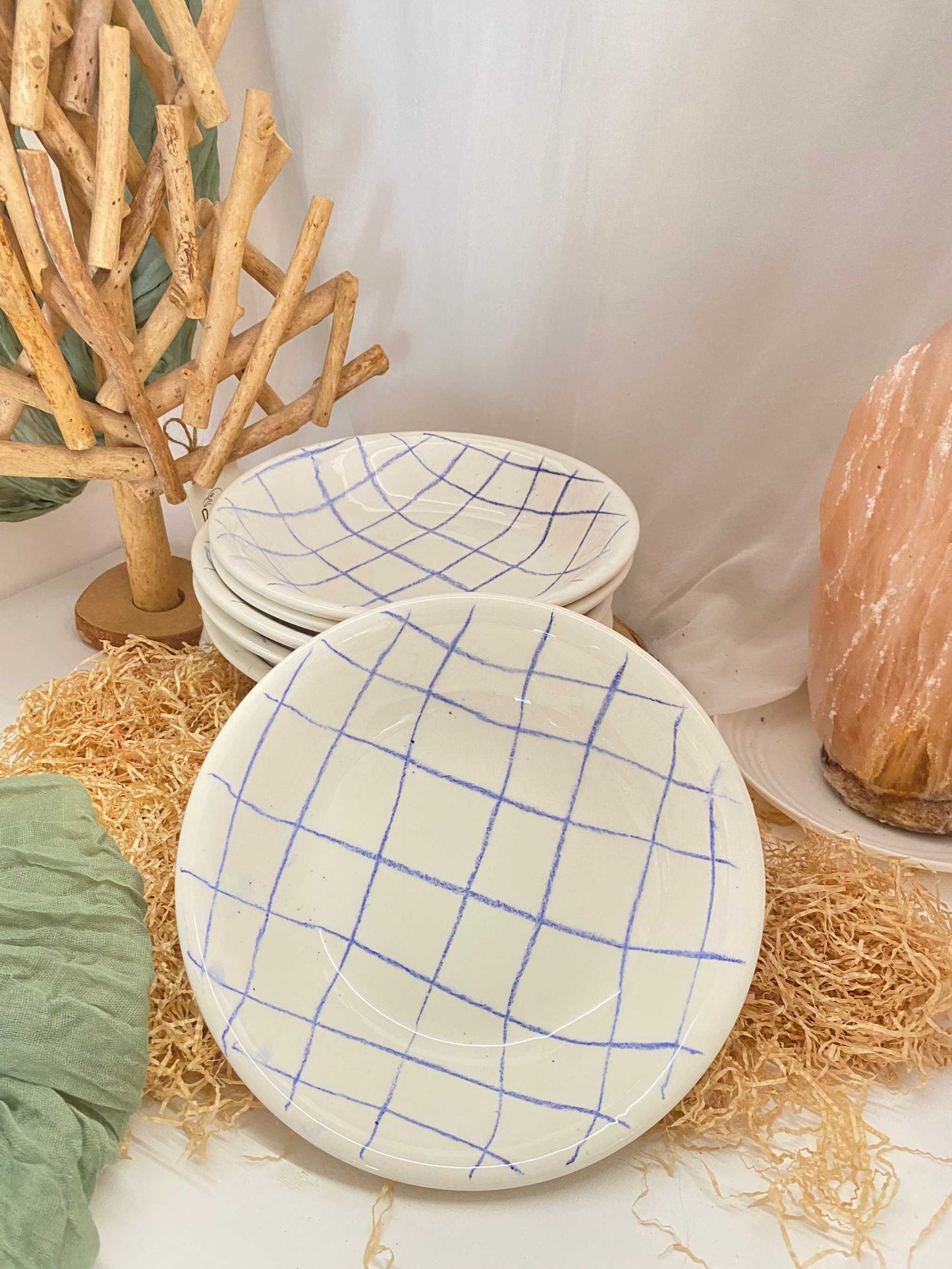 Set of 6 handmade ceramic deep plates with blue grid pattern and elegant thin rims