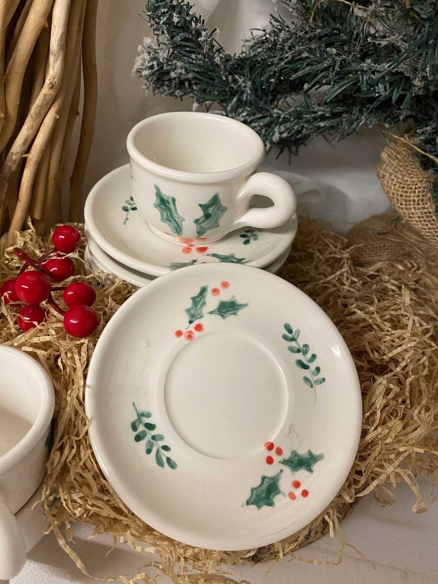 Servizio da Caffè con piattini x 6 , in ceramica bianca, Collezione Natale