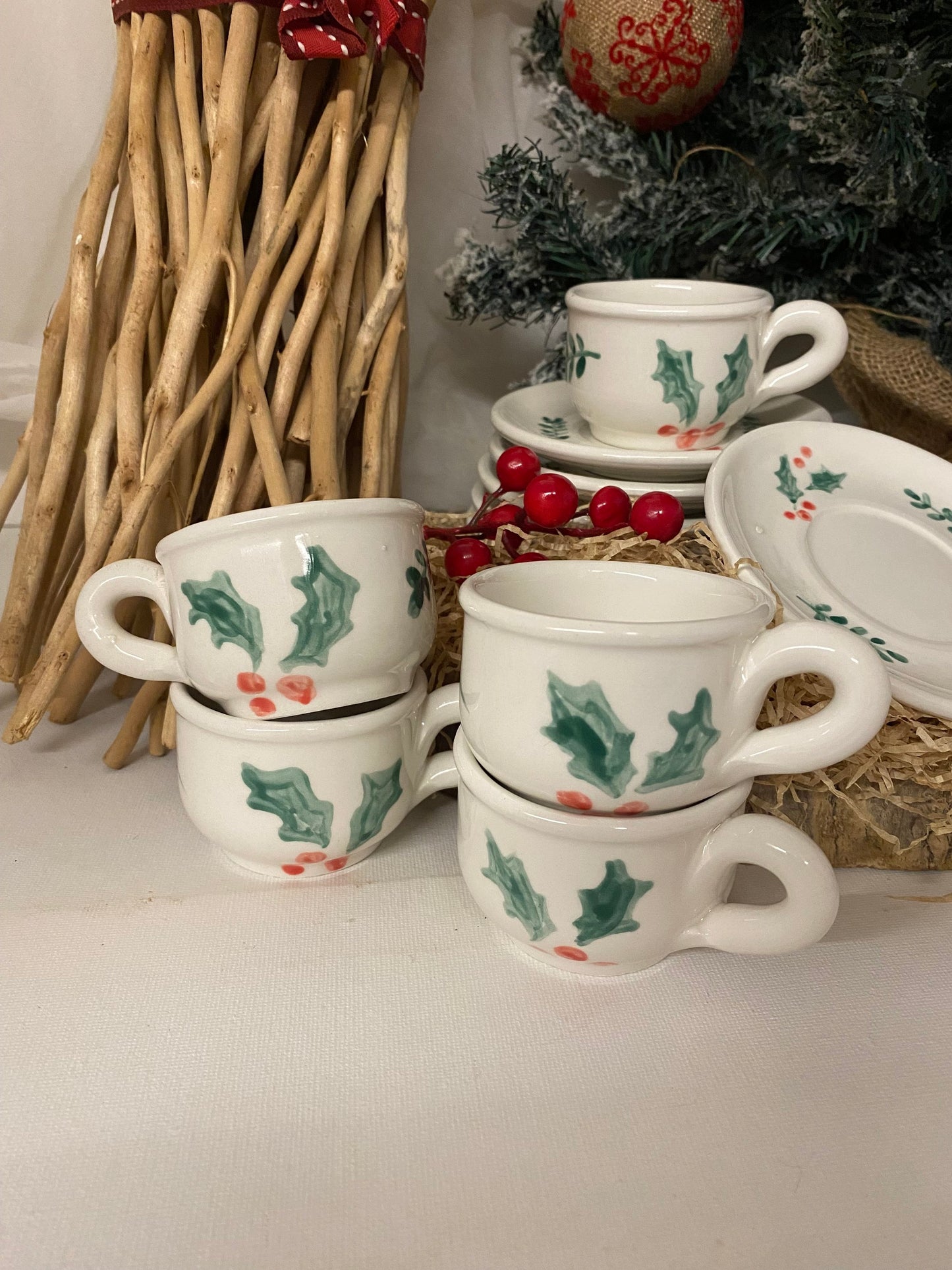 Servizio da Caffè con piattini x 6 , in ceramica bianca, Collezione Natale