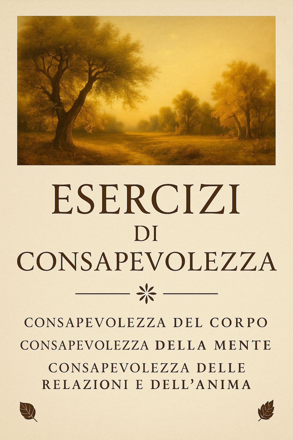 Copertina PDF digitale Esercizi di Consapevolezza con immagine paesaggio naturale e testo esercizi corpo mente anima