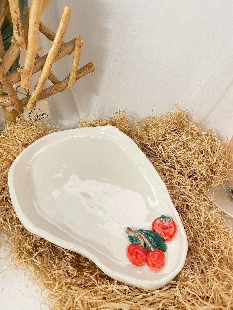 White ceramic tray with hand-painted red cherries from Fruit Collection, artisanal and decorative serving dish