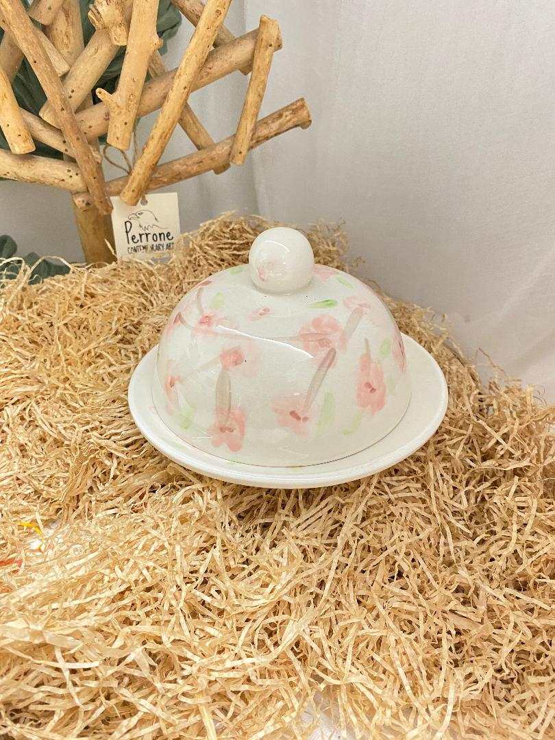 White ceramic butter dish with cherry blossom design from Sakura collection